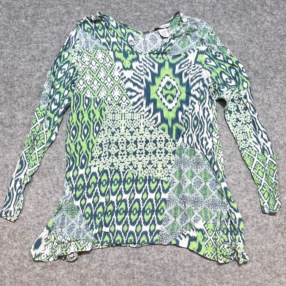 Nomadic Traders‎ Green Mixed Ikat Patchwork Rayon Long Sleeve Tunic Top M